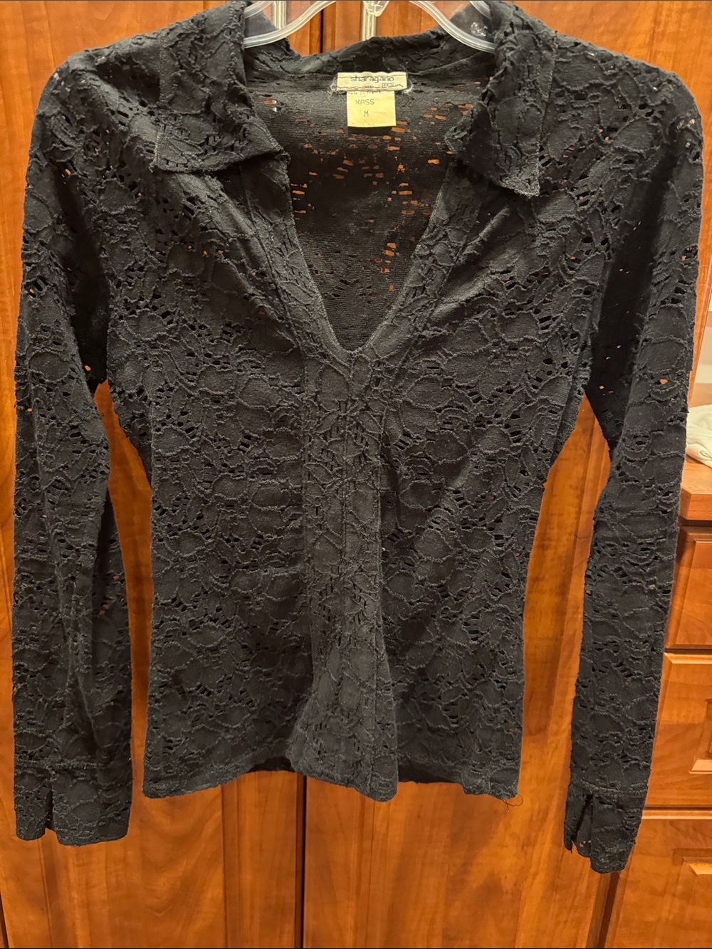Sharagano Black Lace Long-Sleeve V-Neck Tops